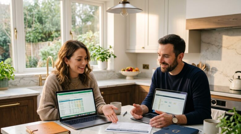 Married couple reviewing separate savings accounts and budget on laptop together at home