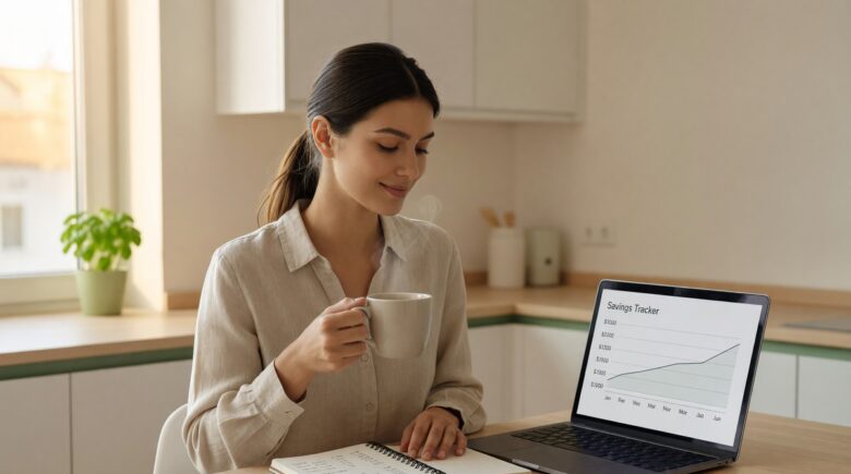 Person tracking micro saving habits in a budgeting notebook beside a jar of coins