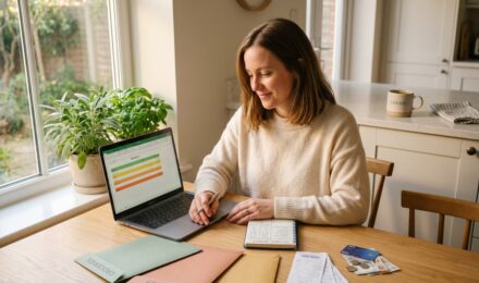 Person organizing budget into needs wants and savings categories on a notebook