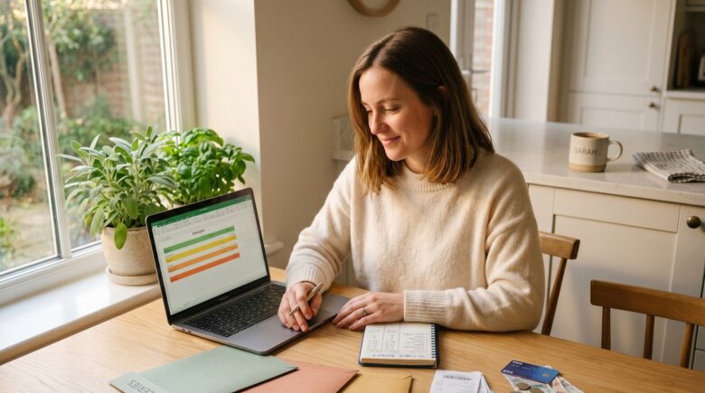Person organizing budget into needs wants and savings categories on a notebook