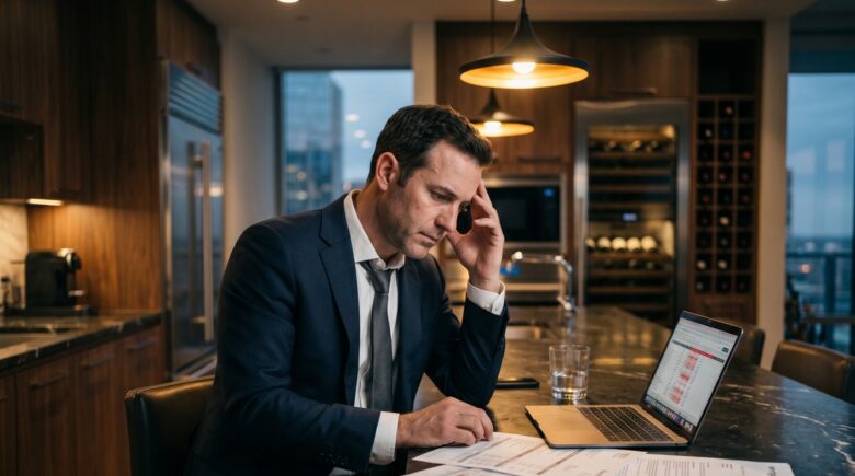 High earner reviewing net worth vs income gap on financial documents