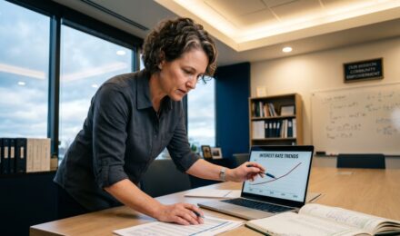 Nonprofit finance director reviewing variable-rate loan documents alongside an interest rate chart showing recent Federal Reserve prime rate cuts
