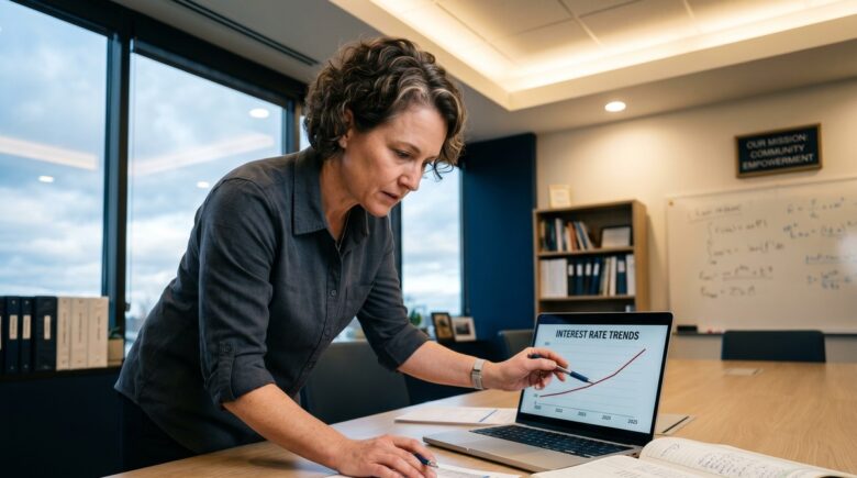Nonprofit finance director reviewing variable-rate loan documents alongside an interest rate chart showing recent Federal Reserve prime rate cuts