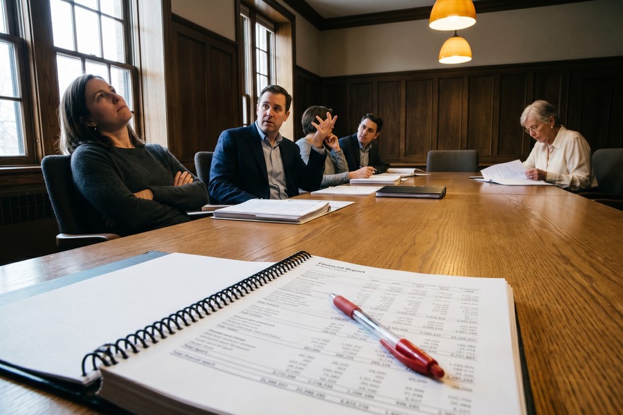 Nonprofit board meeting reviewing interest rate sensitivity analysis on screen