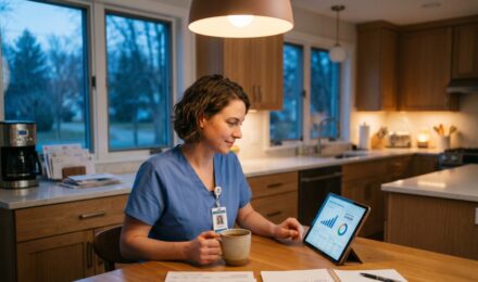 Nurse in scrubs reviewing retirement savings plan on a tablet between shifts