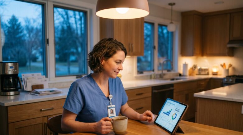 Nurse in scrubs reviewing retirement savings plan on a tablet between shifts