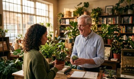 Retired woman working part-time at a small shop, smiling while reviewing paperwork