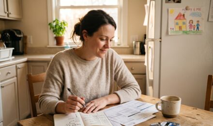 Single mom reviewing budget and credit card statements at kitchen table to pay off debt on one income