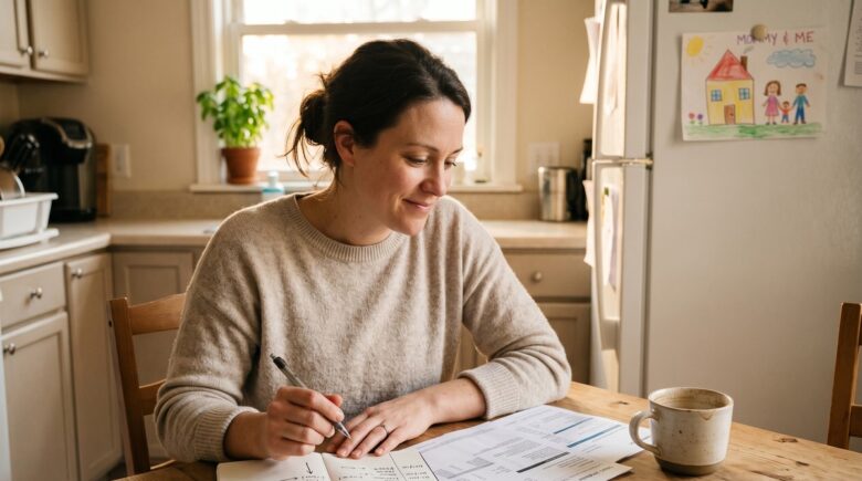 Single mom reviewing budget and credit card statements at kitchen table to pay off debt on one income