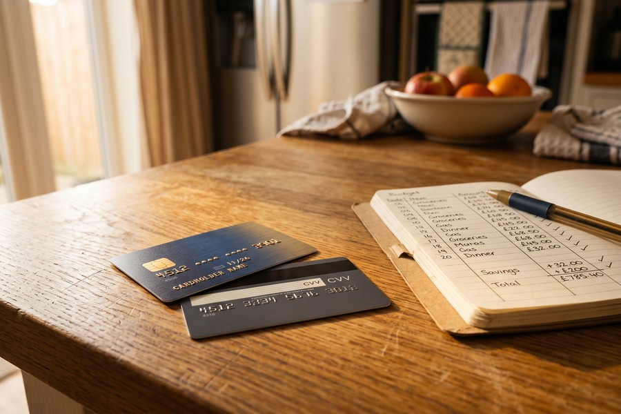 Visual of debt-free celebration with credit card statements showing zero balances