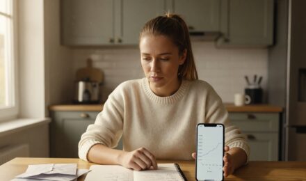 Person weighing the decision to pay off debt or save money with a notepad and calculator on a desk