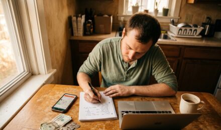 Gig worker reviewing debt payoff plan on laptop with irregular income fluctuations on screen
