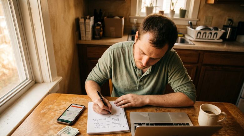 Gig worker reviewing debt payoff plan on laptop with irregular income fluctuations on screen
