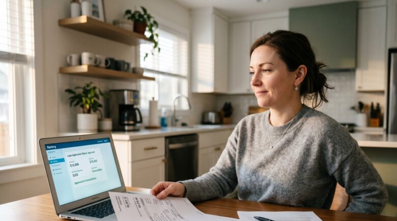 Person reviewing credit card statements and personal loan options to escape the minimum payment trap