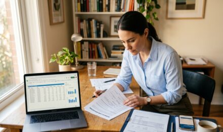 Freelancer reviewing personal loan options on a laptop at a home office desk