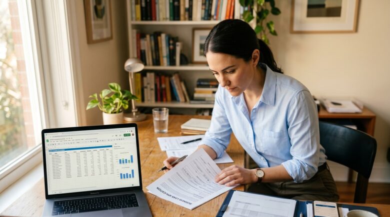 Freelancer reviewing personal loan options on a laptop at a home office desk