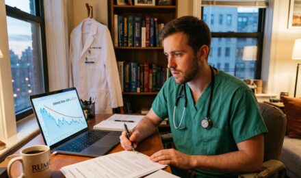 Medical resident reviewing variable-rate loan documents at a hospital desk