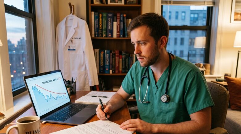 Medical resident reviewing variable-rate loan documents at a hospital desk