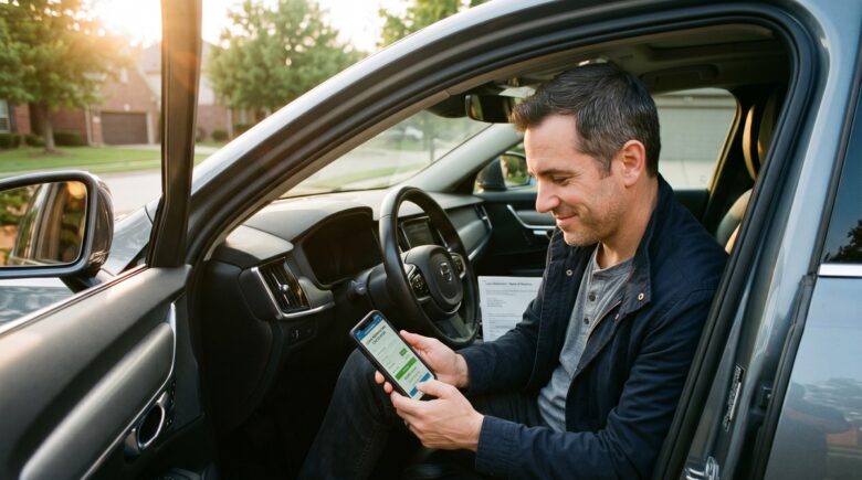 Person reviewing prime rate auto refinancing options on a laptop next to car keys