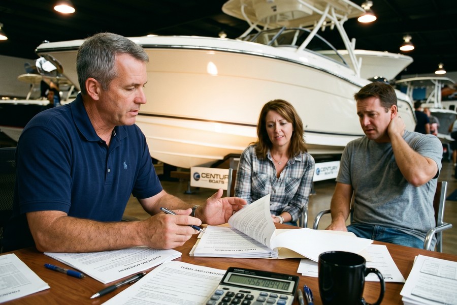 Infographic showing total interest paid on a $55,842 boat loan across 10, 15, and 20-year terms at 8.40% APR