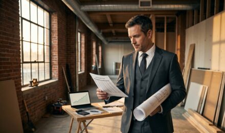 Real estate investor reviewing bridge loan documents with interest rate charts on a desk