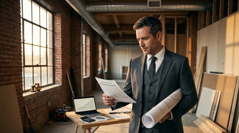Real estate investor reviewing bridge loan documents with interest rate charts on a desk