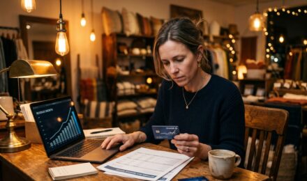 Small business owner reviewing prime rate business credit card statements at a desk