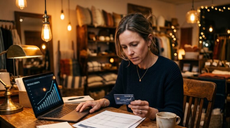 Small business owner reviewing prime rate business credit card statements at a desk