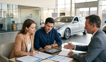 Car buyer reviewing prime rate car loan documents at a dealership