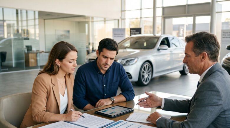 Car buyer reviewing prime rate car loan documents at a dealership