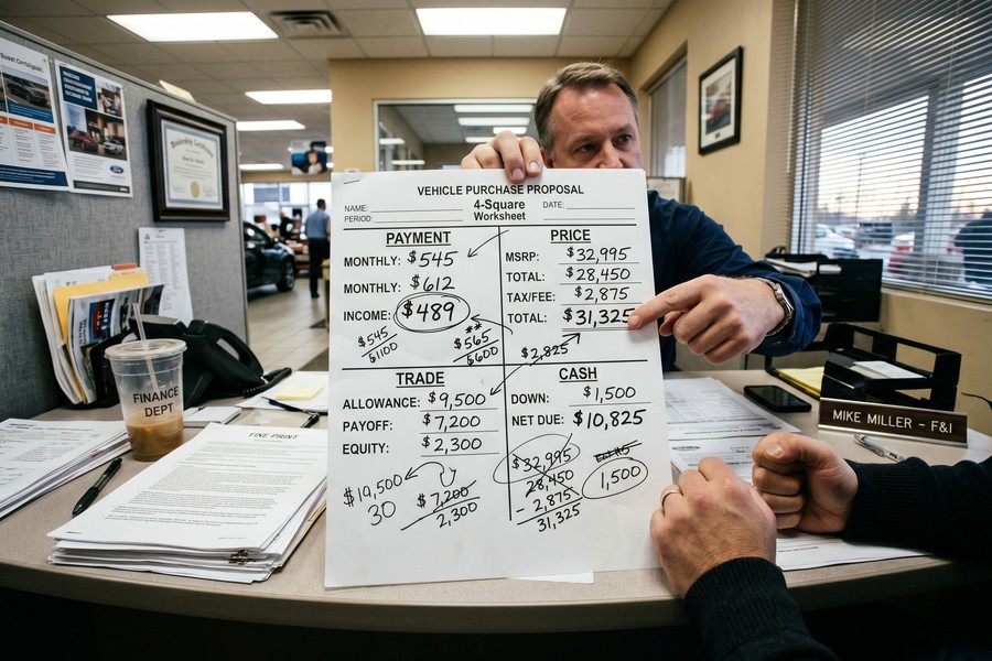 Person sitting across from a finance manager at a dealership, reviewing loan documents
