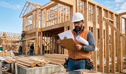 Builder and buyer reviewing prime rate construction loan documents at a construction site