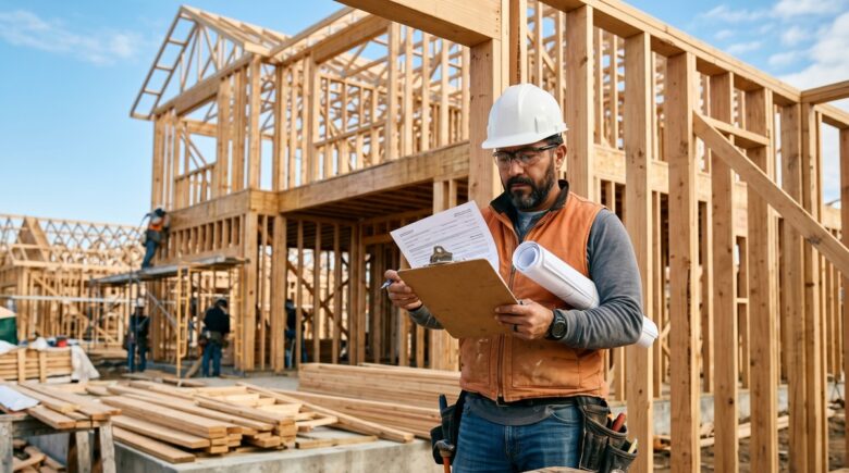 Builder and buyer reviewing prime rate construction loan documents at a construction site