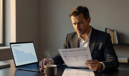 Borrower reviewing loan documents as prime rate falls on financial chart