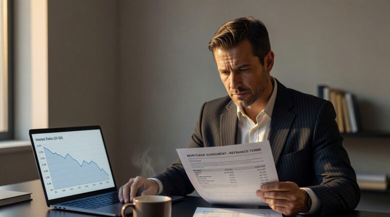 Borrower reviewing loan documents as prime rate falls on financial chart