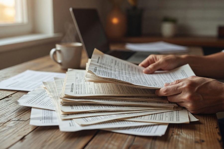 Freelancer comparing loan offers side-by-side on a desk with a notepad showing fixed versus variable rate calculations