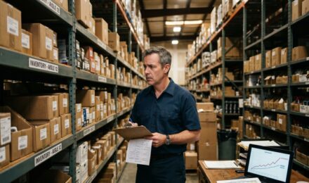 Retail store owner reviewing inventory financing documents and loan rate comparisons at a counter