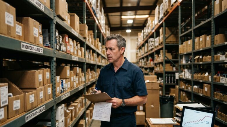 Retail store owner reviewing inventory financing documents and loan rate comparisons at a counter