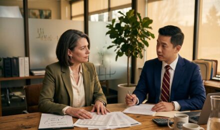 Small business owner reviewing SBA loan documents with a banker at a desk