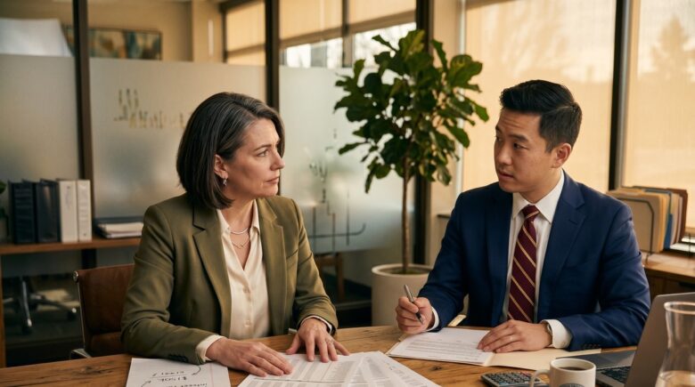 Small business owner reviewing SBA loan documents with a banker at a desk