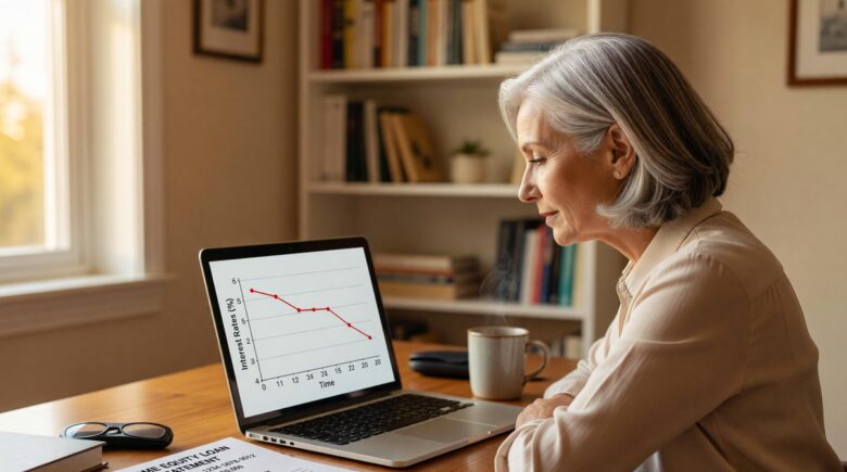 Senior couple reviewing variable-rate debt statements as prime rate drops
