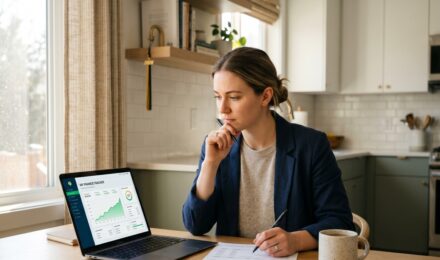 College graduate reviewing prime rate student loan statements and interest rate charts