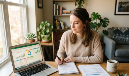 Person reviewing budget spreadsheet and financial documents while planning a 6-month financial reset after a major life change