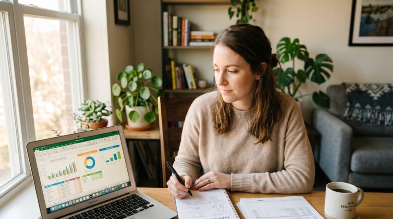 Person reviewing budget spreadsheet and financial documents while planning a 6-month financial reset after a major life change