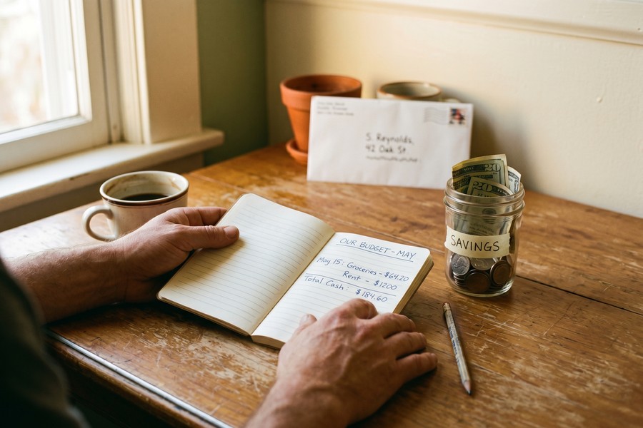 A person reviewing bank statements and categorizing expenses on a laptop and notebook