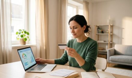 Divorced woman reviewing credit report at desk to rebuild credit after divorce