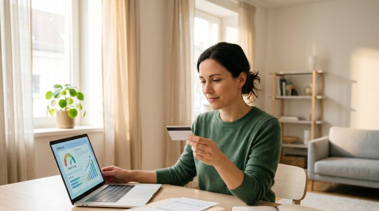 Divorced woman reviewing credit report at desk to rebuild credit after divorce