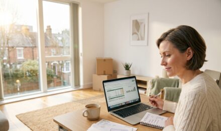 Newly divorced person reviewing finances and rebuilding savings plan at a desk