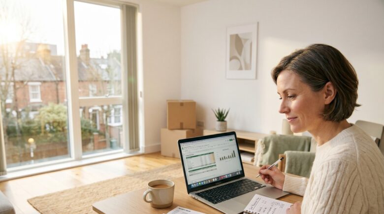 Newly divorced person reviewing finances and rebuilding savings plan at a desk