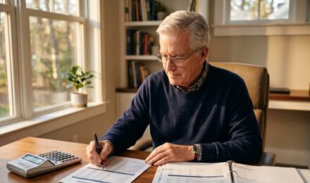 Senior reviewing required minimum distribution calculations at desk with retirement account statements
